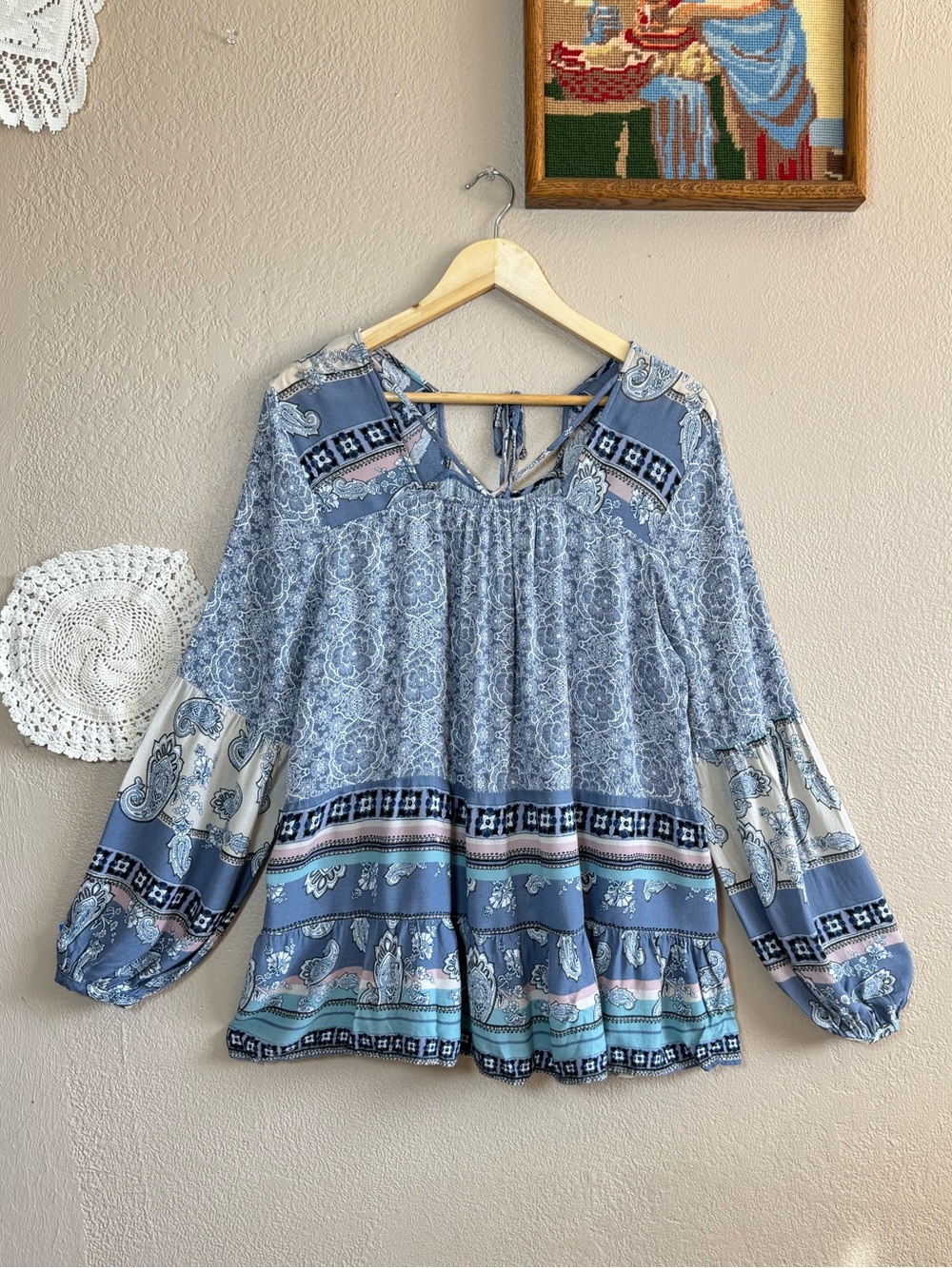 Knox Rose | Blue Bohemian Long Billowy Sleeve Blouse | Size XXL